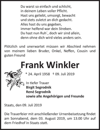 Traueranzeige von Frank Winkler  von Magdeburger Volksstimme