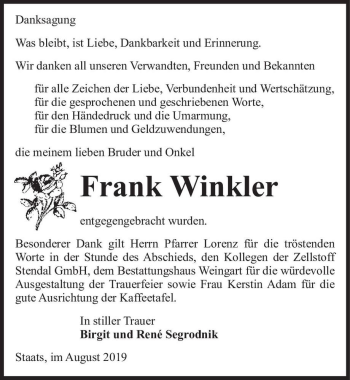 Traueranzeige von Frank Winkler  von Magdeburger Volksstimme