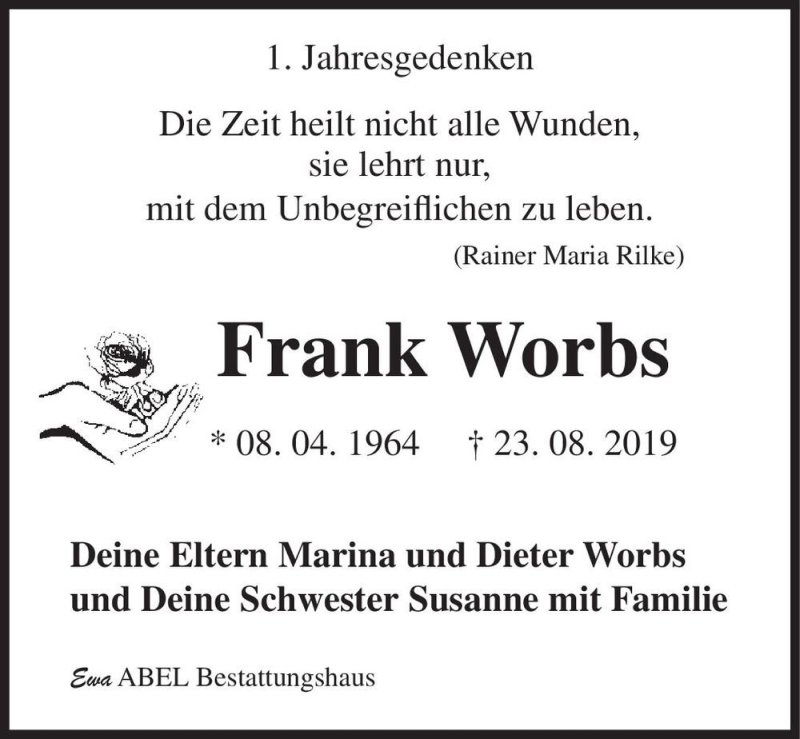  Traueranzeige für Frank Worbs  vom 22.08.2020 aus Magdeburger Volksstimme