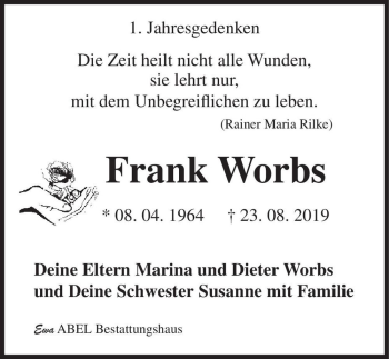 Traueranzeige von Frank Worbs  von Magdeburger Volksstimme