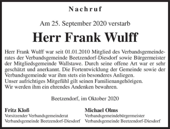 Traueranzeige von Frank Wulff  von Magdeburger Volksstimme