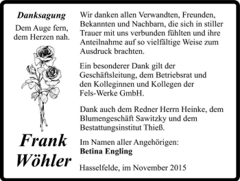 Traueranzeige von Frank Wöhler  von Magdeburger Volksstimme