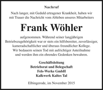 Traueranzeige von Frank Wöhler  von Magdeburger Volksstimme