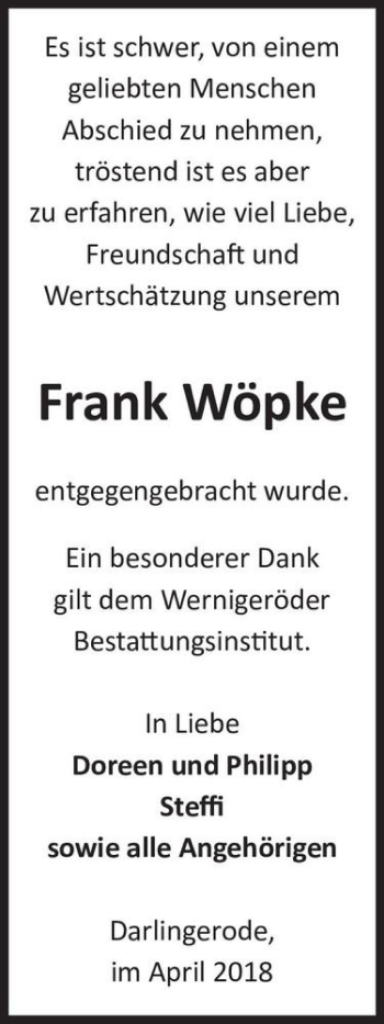 Traueranzeige von Frank Wöpke  von Magdeburger Volksstimme