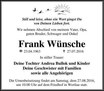 Traueranzeige von Frank Wünsche  von Magdeburger Volksstimme