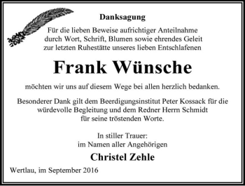 Traueranzeige von Frank Wünsche  von Magdeburger Volksstimme