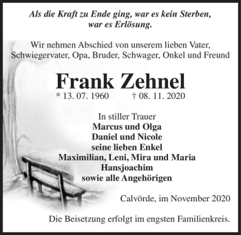 Traueranzeige von Frank Zehnel  von Magdeburger Volksstimme
