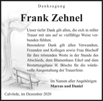 Traueranzeige von Frank Zehnel  von Magdeburger Volksstimme