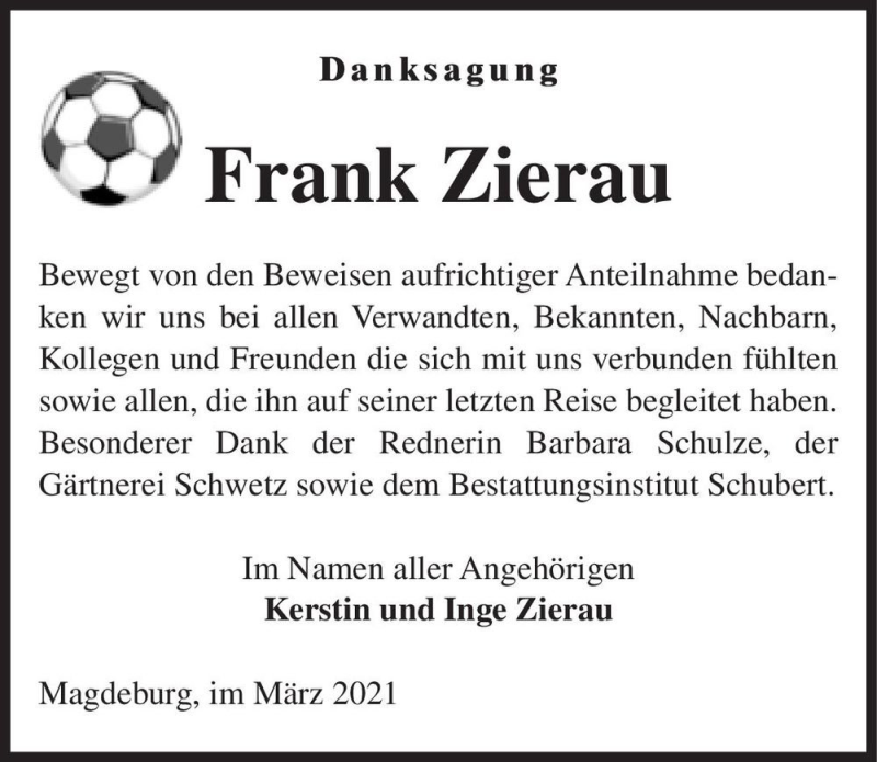  Traueranzeige für Frank Zierau  vom 06.03.2021 aus Magdeburger Volksstimme