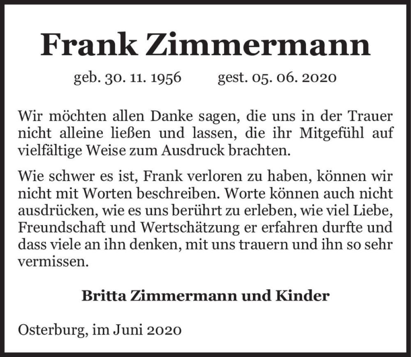  Traueranzeige für Frank Zimmermann  vom 27.06.2020 aus Magdeburger Volksstimme