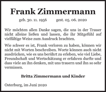 Traueranzeige von Frank Zimmermann  von Magdeburger Volksstimme