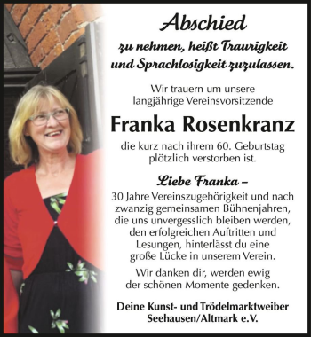 Traueranzeige von Franka Rosenkranz  von Magdeburger Volksstimme