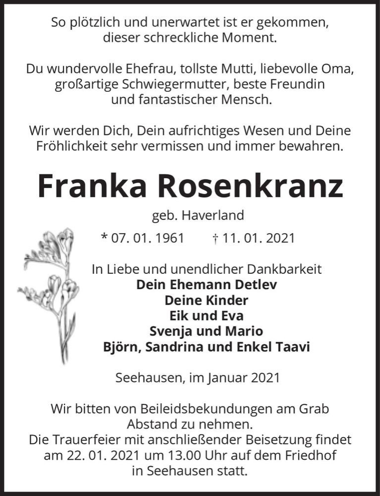  Traueranzeige für Franka Rosenkranz (geb. Haverland)  vom 20.01.2021 aus Magdeburger Volksstimme