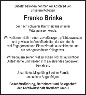 Traueranzeige von Franko Brinke  von Magdeburger Volksstimme