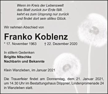Traueranzeige von Franko Koblenz  von Magdeburger Volksstimme