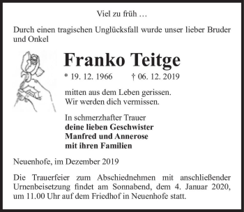 Traueranzeige von Franko Teitge  von Magdeburger Volksstimme