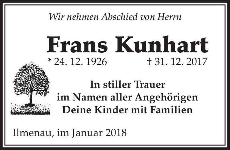  Traueranzeige für Frans Kunhart  vom 13.01.2018 aus Magdeburger Volksstimme
