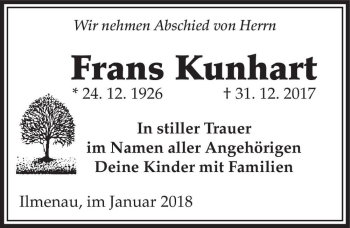 Traueranzeige von Frans Kunhart  von Magdeburger Volksstimme