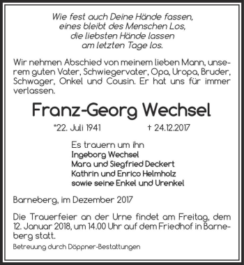 Traueranzeige von Franz-Georg Wechsel  von Magdeburger Volksstimme
