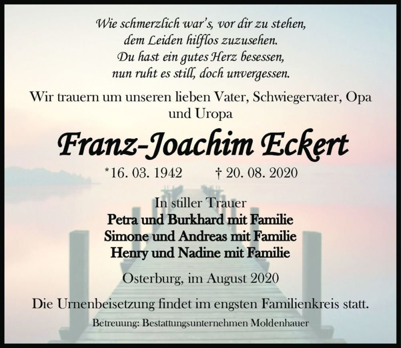  Traueranzeige für Franz-Joachim Eckert  vom 22.08.2020 aus Magdeburger Volksstimme