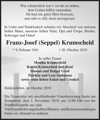 Traueranzeige von Franz-Josef (Seppel) Krumscheid  von Magdeburger Volksstimme