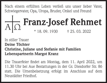 Traueranzeige von Franz-Josef Rehmet  von Magdeburger Volksstimme