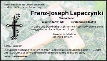 Traueranzeige von Franz-Joseph Lapaczynki  von Magdeburger Volksstimme