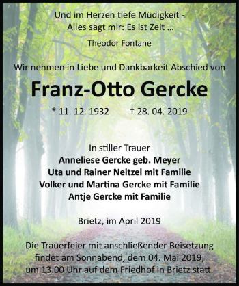 Traueranzeige von Franz-Otto Gercke  von Magdeburger Volksstimme