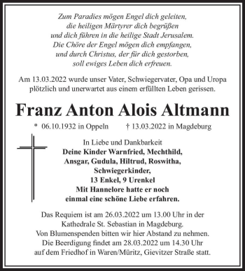 Traueranzeige von Franz Anton Alois Altmann  von Magdeburger Volksstimme