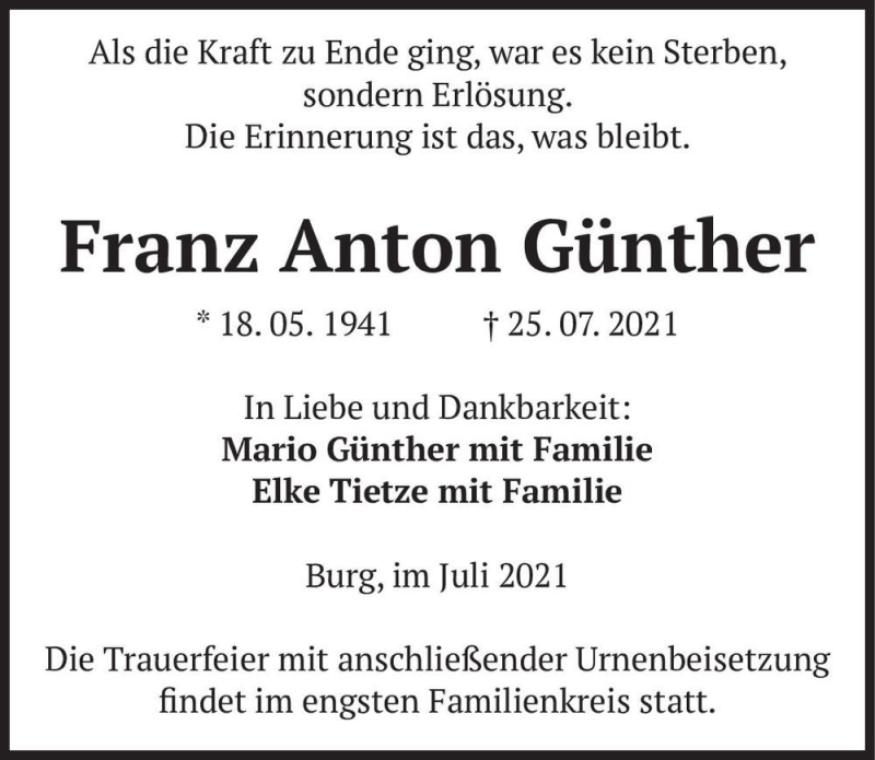  Traueranzeige für Franz Anton Günther  vom 07.08.2021 aus Magdeburger Volksstimme