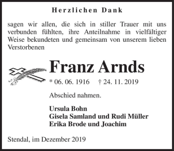 Traueranzeige von Franz Arnds  von Magdeburger Volksstimme
