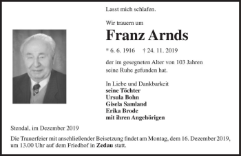 Traueranzeige von Franz Arnds  von Magdeburger Volksstimme