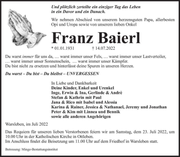 Traueranzeige von Franz Baierl  von Magdeburger Volksstimme