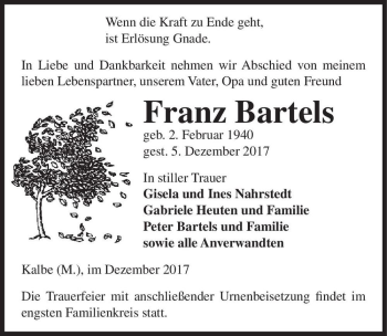 Traueranzeige von Franz Bartels  von Magdeburger Volksstimme
