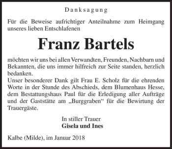 Traueranzeige von Franz Bartels  von Magdeburger Volksstimme