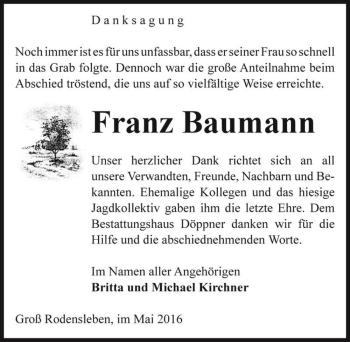 Traueranzeige von Franz Baumann  von Magdeburger Volksstimme