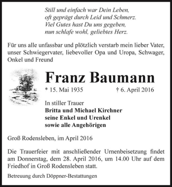 Traueranzeige von Franz Baumann  von Magdeburger Volksstimme