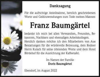 Traueranzeige von Franz Baumgärtel  von Magdeburger Volksstimme