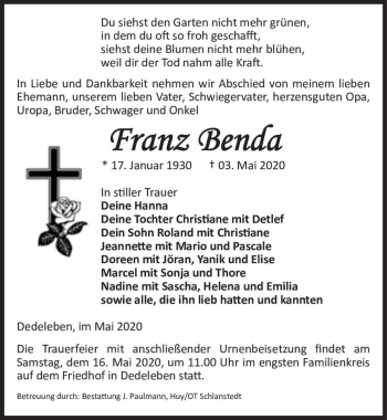 Traueranzeige von Franz Benda  von Magdeburger Volksstimme