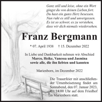 Traueranzeige von Franz Bergmann  von Magdeburger Volksstimme