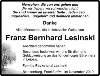 Traueranzeige von Franz Bernhard Lesinski  von Magdeburger Volksstimme