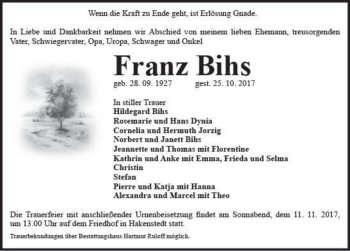 Traueranzeige von Franz Bihs  von Magdeburger Volksstimme