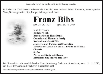 Traueranzeige von Franz Bihs  von Magdeburger Volksstimme