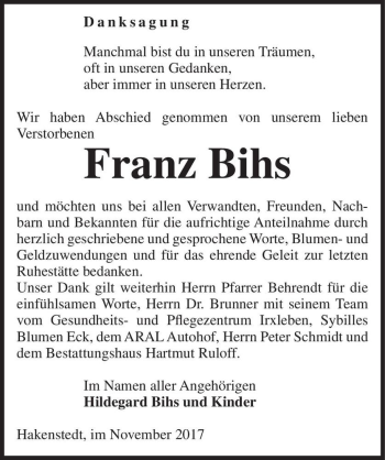 Traueranzeige von Franz Bihs  von Magdeburger Volksstimme