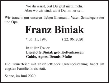 Traueranzeige von Franz Biniak  von Magdeburger Volksstimme