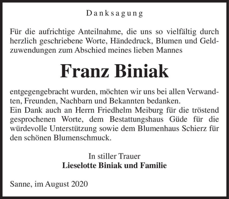  Traueranzeige für Franz Biniak  vom 12.08.2020 aus Magdeburger Volksstimme