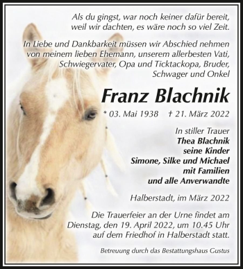 Traueranzeige von Franz Blachnik  von Magdeburger Volksstimme