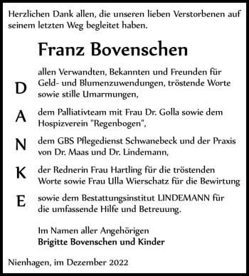 Traueranzeige von Franz Bovenschen  von Magdeburger Volksstimme