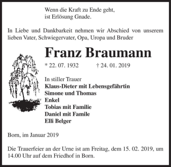 Traueranzeige von Franz Braumann  von Magdeburger Volksstimme