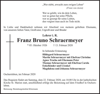 Traueranzeige von Franz Bruno Schraermeyer  von Magdeburger Volksstimme